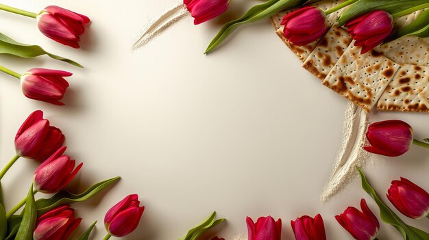 Photo matzah and spring tulip flowers on light background jewish holiday bread matza or matzoh happy pas