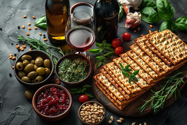 Matzah and wine on a festive table on Passover