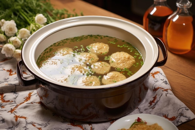 Foto zuppa di palline di matzo in una ciotola di ceramica