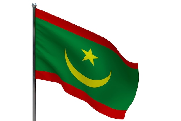 Mauritania flag on pole. Metal flagpole. National flag of Mauritania 3D illustration on white