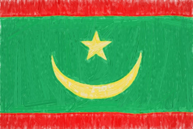 Mauritanië geschilderde vlag. Patriottische tekening op papier achtergrond. Nationale vlag van Mauritanië