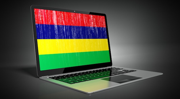 Mauritius country flag and binary code on laptop screen 3D illustration