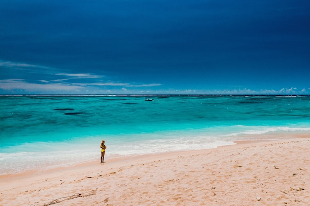 インド洋、モーリシャス-モーリシャスの楽園の島を訪れる世界中からの観光客と一緒にビーチを歩いている女の子の肖像画。