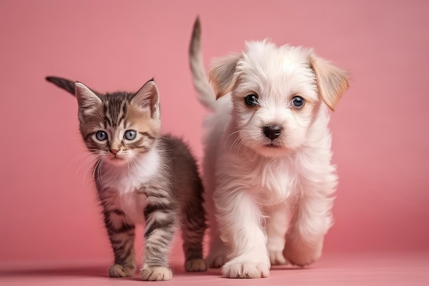 On Mauve Background White And Gray Kitten Walks With Brown Puppy Generative AI