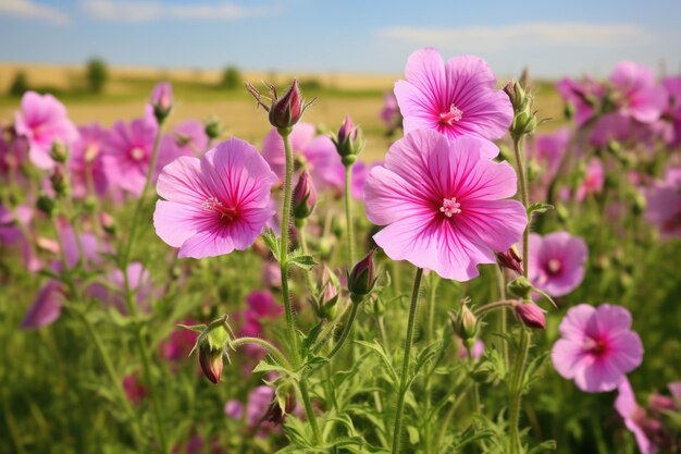 Mauve Bloem Schoonheid in geïsoleerd veld Flora van Malva in zomer gras Ideaal voor apotheek en