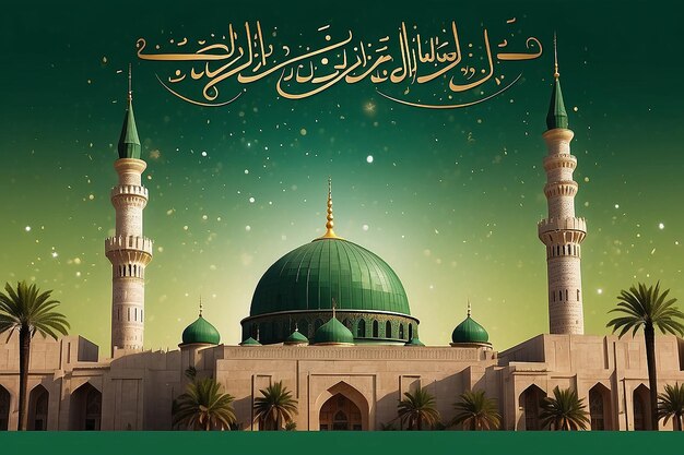 Mawlid al Nabi or al Mawlid al Nabawi greeting card with dome and minaret of the Prophets Mosque on green background Translation