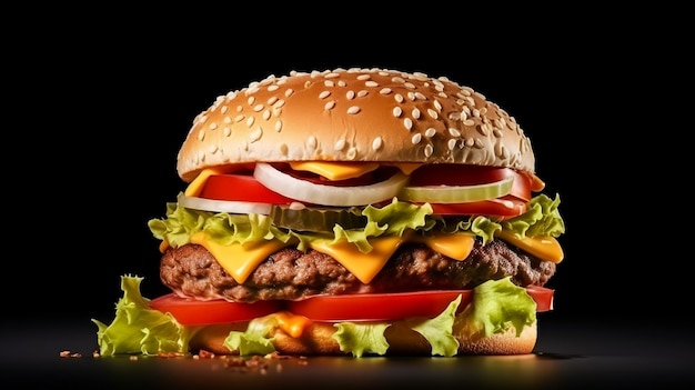 Maxi hamburger double cheeseburger with ingredients isolated on black background