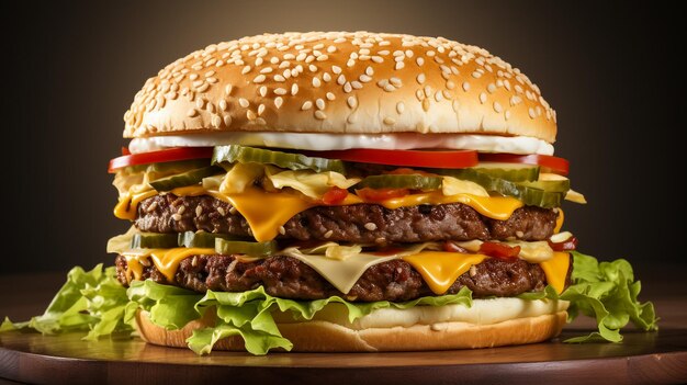 Maxi hamburger double cheeseburger with ingredients isolated on black background