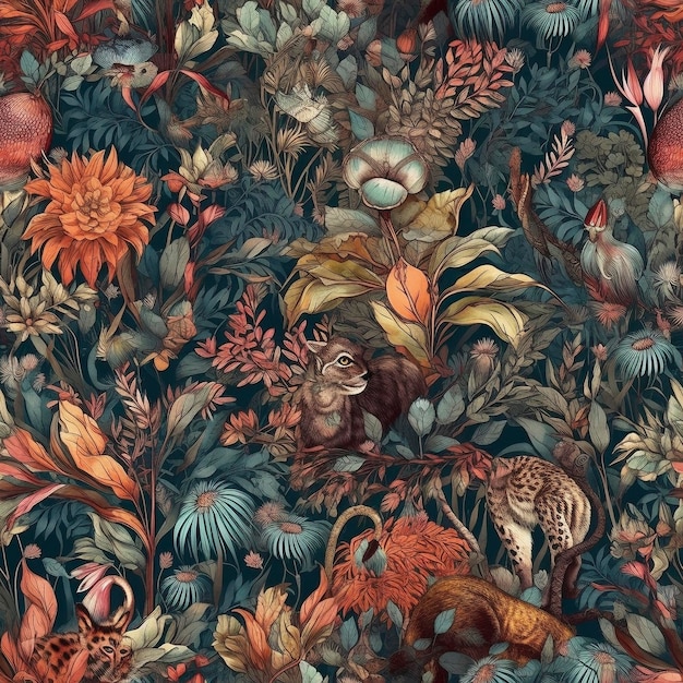 Maximalism style botanical and animals seamless pattern created with generative AI