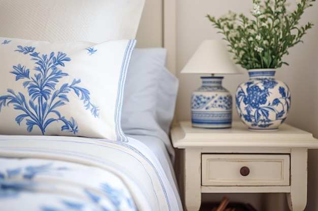 Maximalistische stijl slaapkamer details versierd in felle kleuren met bloemen en patchwork deksel