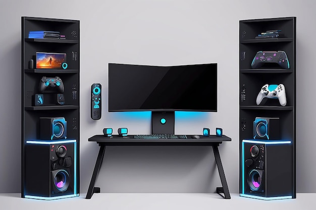A flat vector illustration of a wall-mounted, foldable gaming monitor setup, emphasizing its efficient design and space-saving capabilities. The illustration highlights the clean lines and modern aesthetic of the setup.