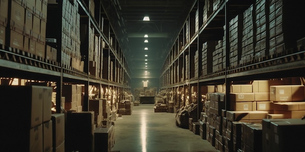 Maximizing Space and Efficiency Large Long Warehouse with Cardboard Boxes Generative AI