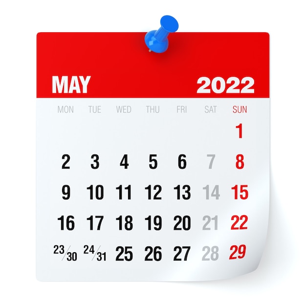 Foto maggio 2022 - calendario. isolato su sfondo bianco. illustrazione 3d