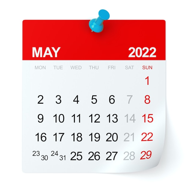 May 2022 - Calendar. Isolated on White Background. 3D Illustration