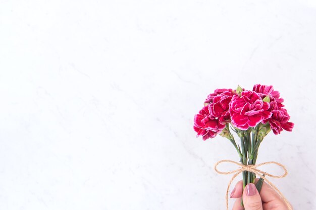 May mothers day idea concept photography - Beautiful blooming carnations tied by rope bow holding in woman's hand isolated on bright modern table, copy space, flat lay, top view