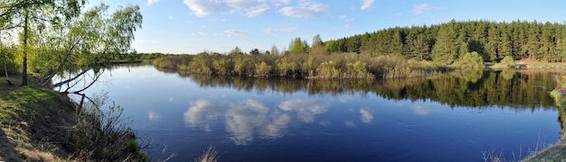 May panorama quiet forested river