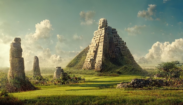 Maya piramide met stenen beelden in de buurt van het Groene vallei beeldjes idool afgoderij heidendom de oude wereld cultus oude goden altaar Culturele monumenten concept 3D-illustraties raster achtergrond