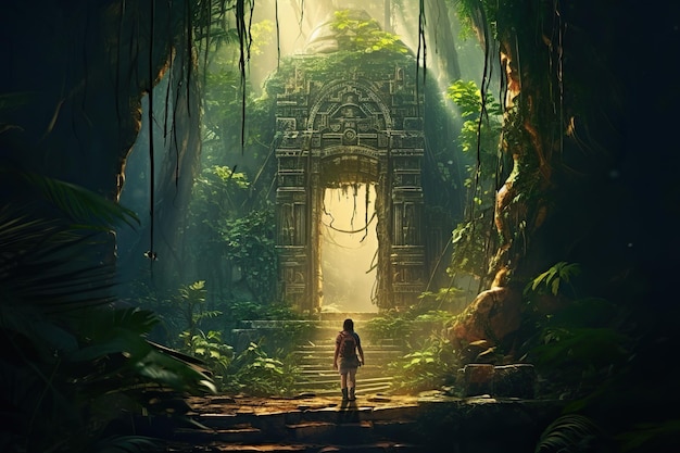 Maya poort in het bos Een avonturier in een groen tropisch regenwoud die een geheime doorgang ontdekt Een ontdekkingsreiziger die door een geheime poort loopt