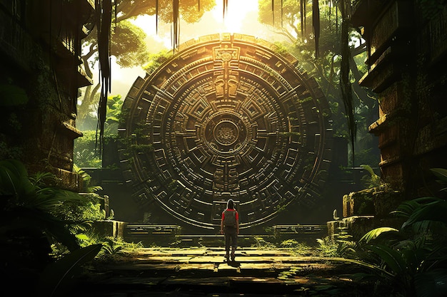Maya poort in het bos Een avonturier in een groen tropisch regenwoud die een geheime doorgang ontdekt Een ontdekkingsreiziger die door een geheime poort loopt
