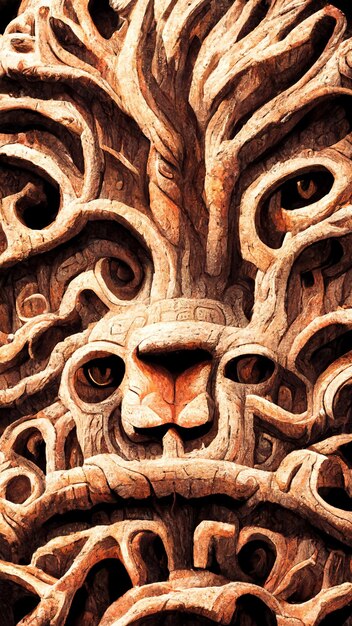 Mayan abstract lion wood texture 3D illustration