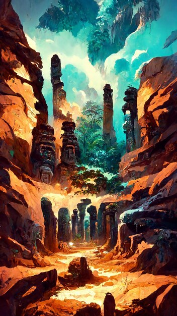 Mayan civilization forest land cave 3d illustration