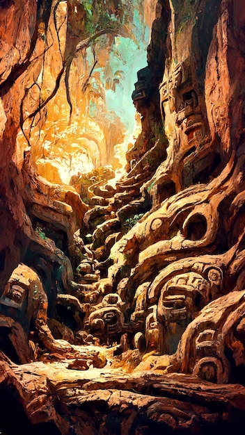 Photo mayan civilization forest land cave 3d illustration