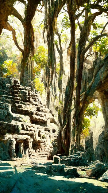 Mayan civilization forest land cave 3d illustration