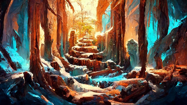 Mayan civilization Snow and ice forest land cave 3D illustration