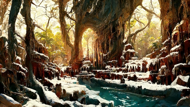 Mayan civilization snow and ice forest land cave 3d\
illustration