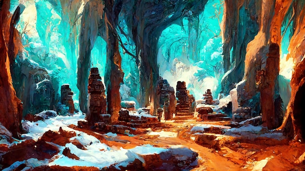 Mayan civilization snow and ice forest land cave 3d\
illustration