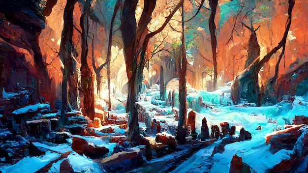 Mayan civilization snow and ice forest land cave 3d\
illustration