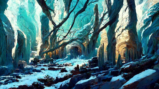 Mayan civilization snow and ice forest land cave 3d
illustration