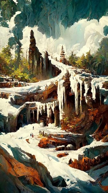 Mayan civilization Snow and ice forest land cave 3D illustration