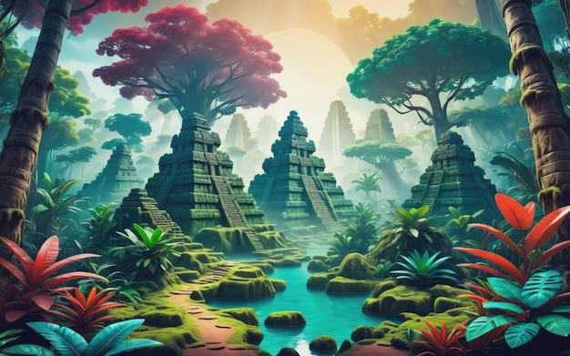 Mayan forest in the sunny morning 3d illustration