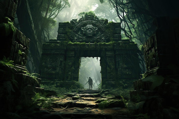 Mayan gate in the forest An adventurer in a green tropical rainforest discovering a secret passage Explorer walking through a secret gate