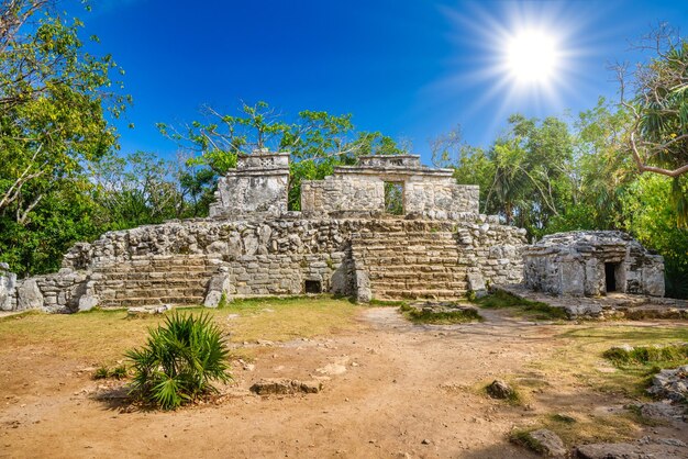 Mayan ruins in shadow of trees in jungle tropical forest Playa del Carmen Riviera Maya Yu atan Mexico