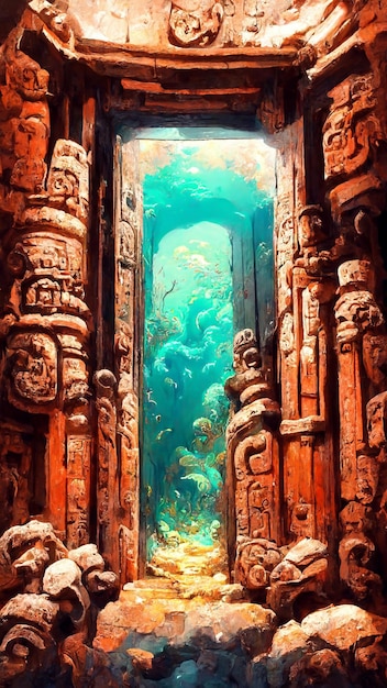 Mayan style door under the sea 3D illustration