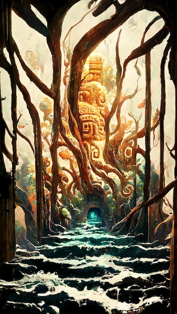 Mayan style forest door under the sea 3D illustration