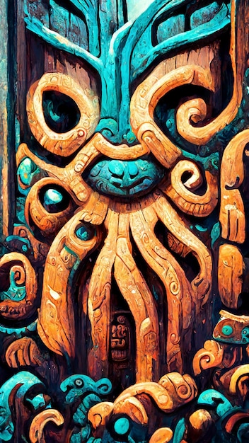 Mayan style forest door under the sea 3D illustration