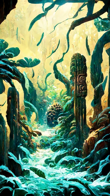 Mayan style forest door under the sea 3D illustration