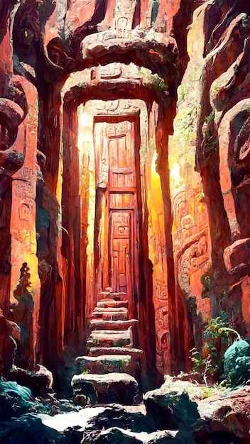 海の 3 D イラストレーションの下のマヤ スタイルの森の扉