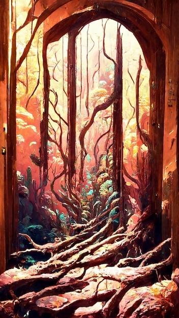 Mayan style forest door under the sea 3D illustration