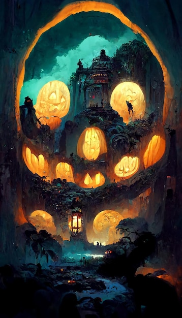 mayan style halloween theme pumpkins ghosts in the dark night 3d illustration