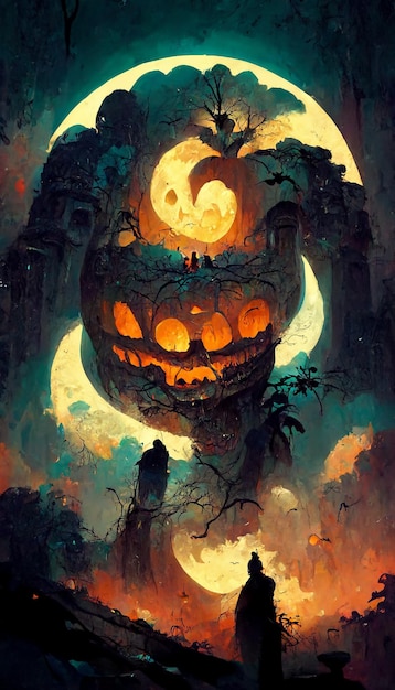 Mayan style halloween theme pumpkins ghosts in the dark night 3D illustration