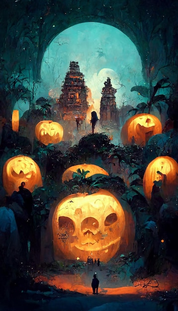 Mayan style halloween theme pumpkins ghosts in the dark night 3D illustration