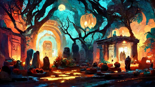 Mayan style halloween theme pumpkins ghosts in the dark night\
3d illustration