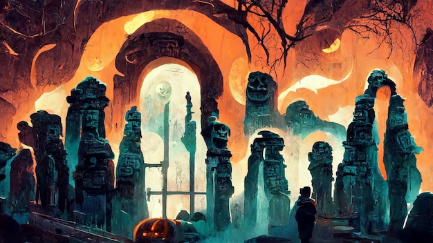 Mayan style halloween theme pumpkins ghosts in the dark night\
3d illustration