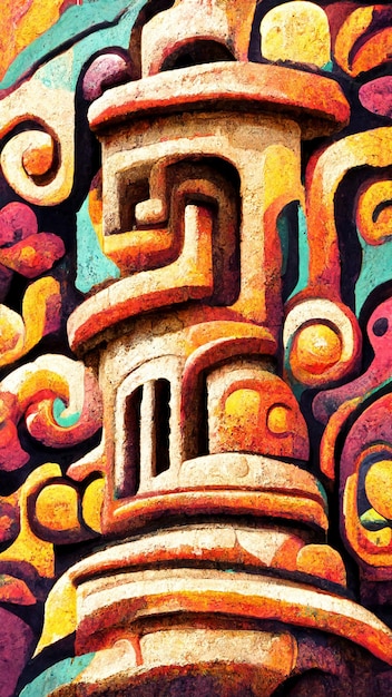 Mayan style house Artistic colors background 3D illustration