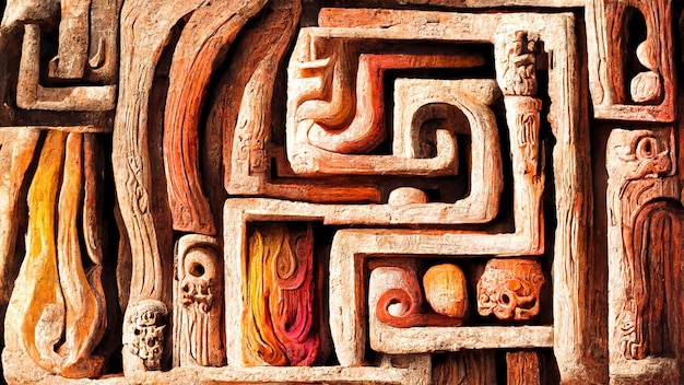 Mayan style wood Artistic colors 3D illustration