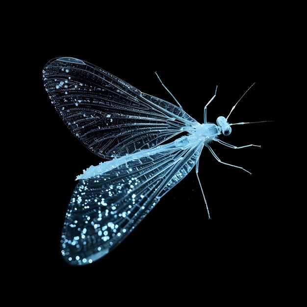 Photo mayfly with delicate wings formed in syrup material opaque w background art y2k glowing concept